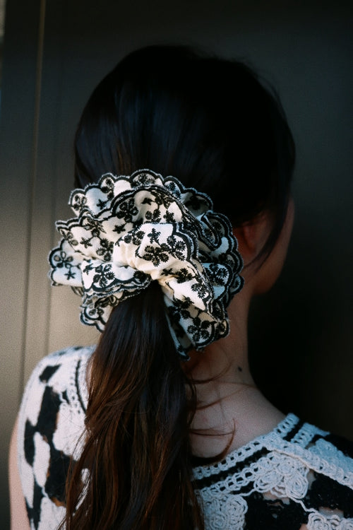 Black Embroidered Scrunchie