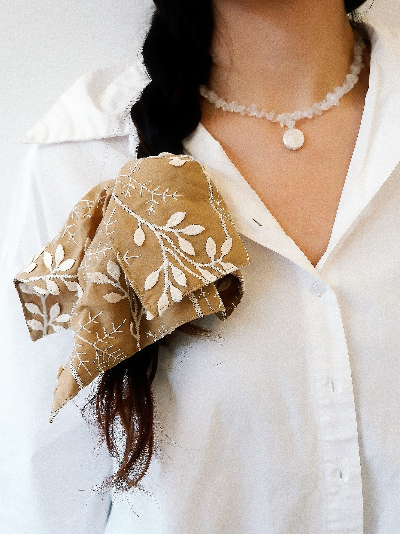 brown embroidered hair tie