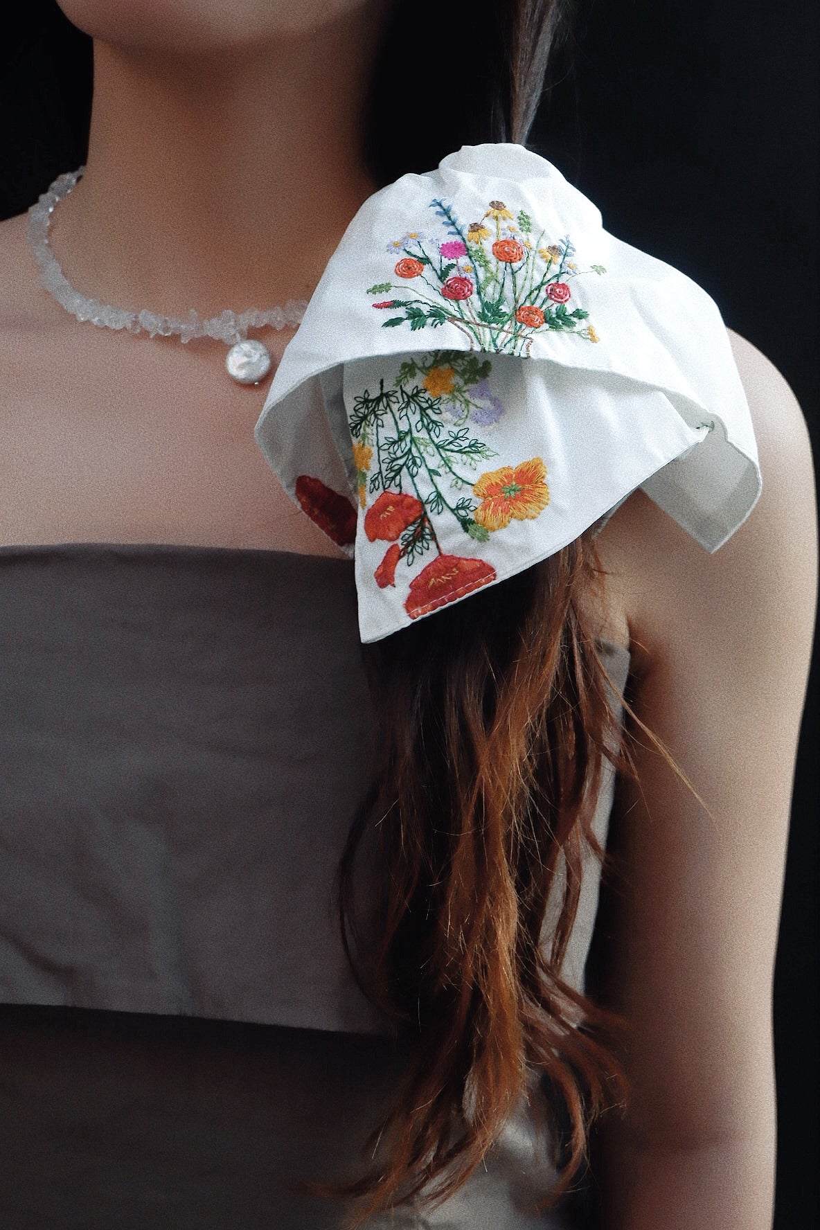 white embroidered hair tie