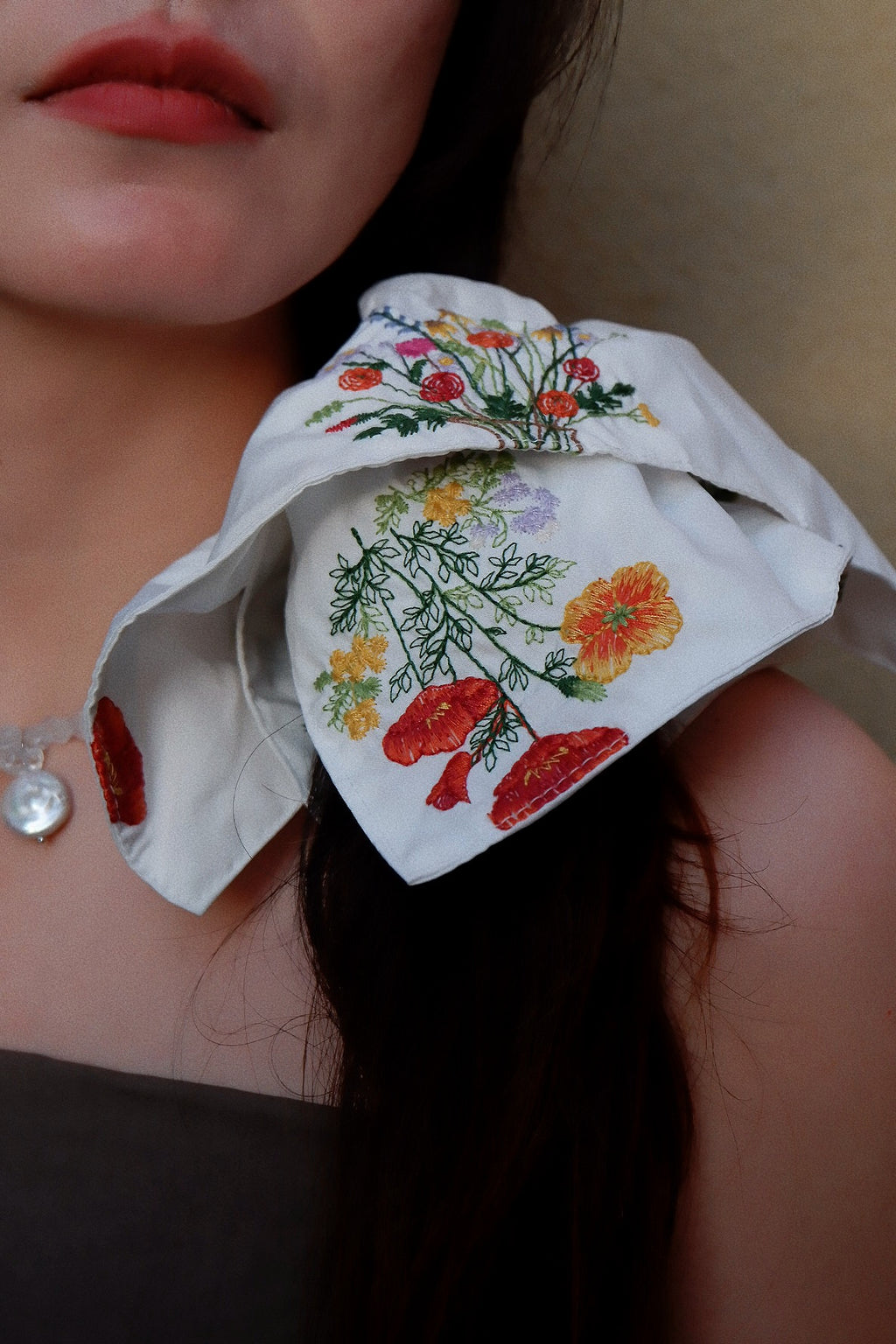 White Embroidered Scrunchie